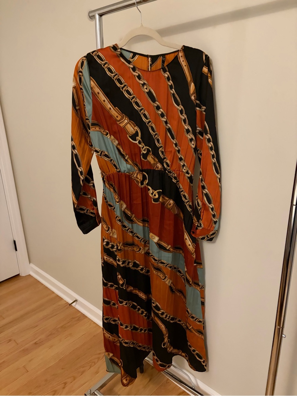 Zara Rust, Black & Teal Chain-Print Long Sleeve Midi Dress